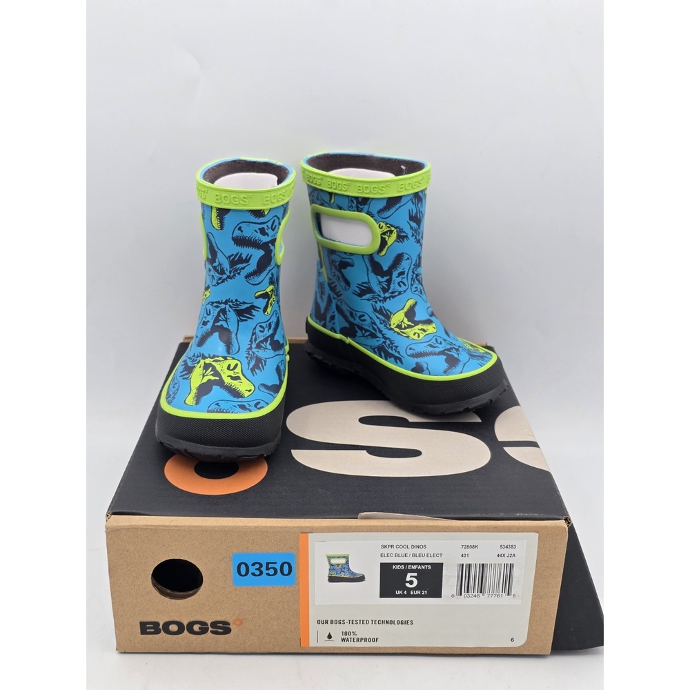 Bogs Super Dino Kids US‎ 5 Blue 100% Waterproof Mid Calf Rain Boot - NIB